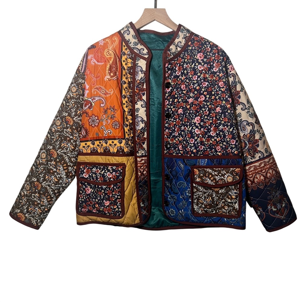 Womens Quilted Patchwork Jacket Multicolor Boho Floral Paisley Button‎ Front M